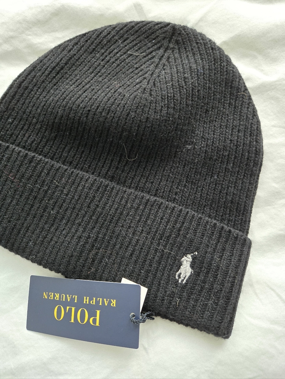 Polo by Ralph Lauren Black Ribbed Beanie with White Pony Embroidery